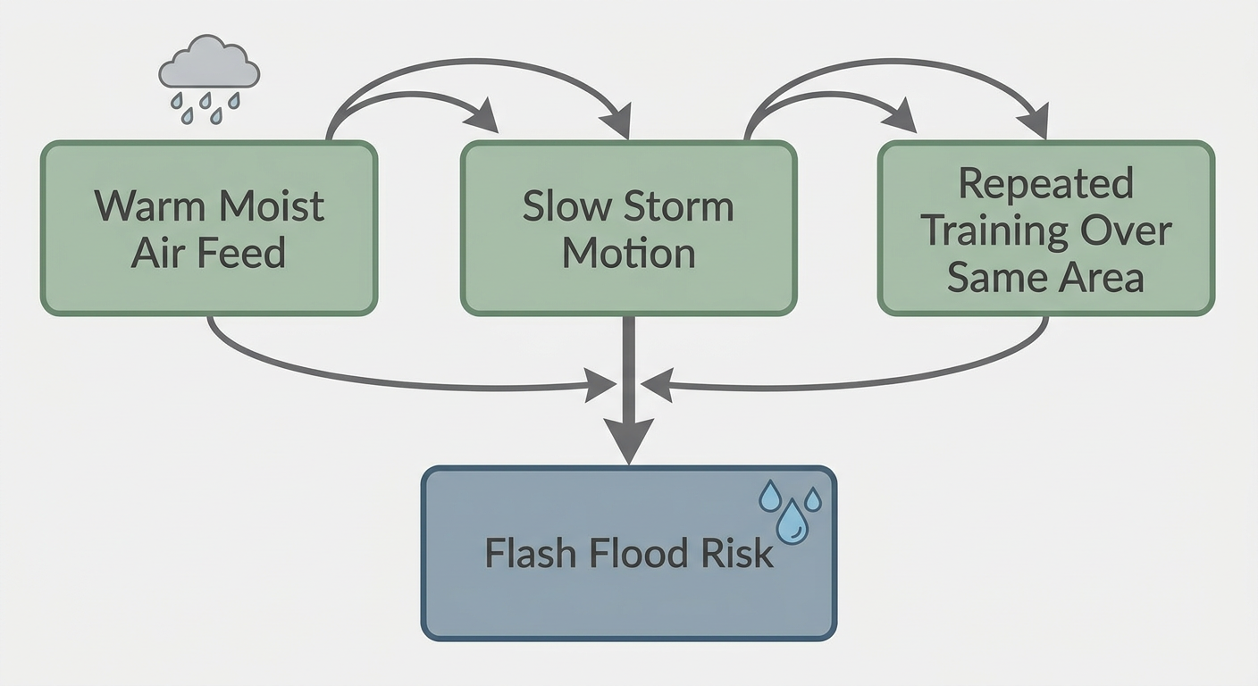 Simple flowchart diagram showing ingredients for excessive rainfall flooding: warm moist air, slow-moving thunderstorm cells, and repeated training over the same area, with arrows connecting each stage