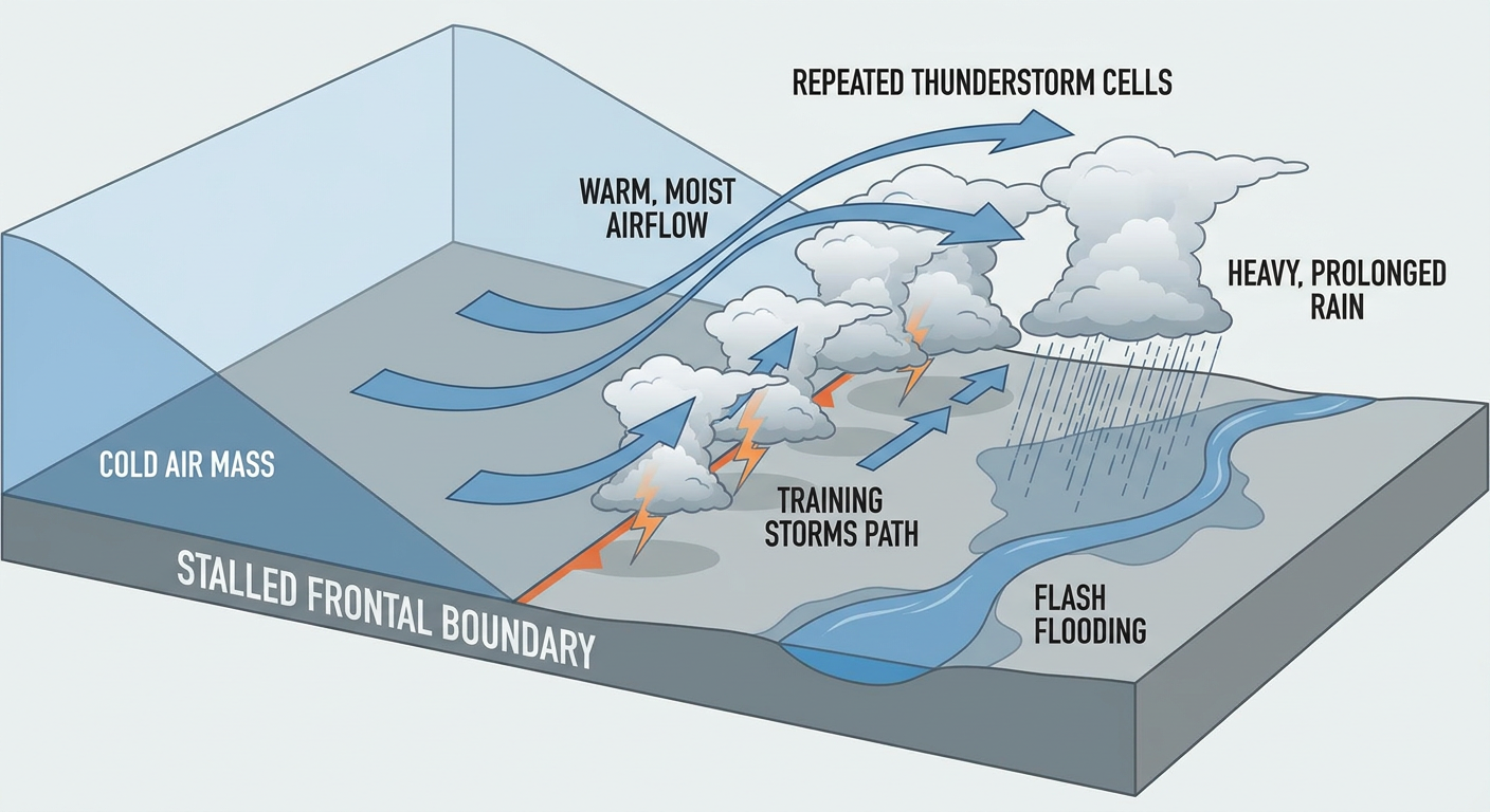 A cutaway diagram showing warm moist air flowing up and over a stalled frontal boundary, with repeated thunderstorm cells forming and moving along the same track, labeled to illustrate how training storms produce flash flooding, rendered in a clean educational infographic style with muted blues and grays