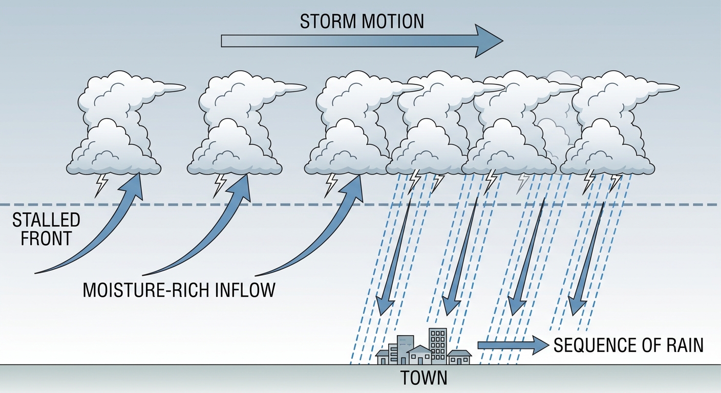 Cross-section diagram showing how a stalled front produces repeated "training" thunderstorms over the same location, with labeled arrows for moisture-rich inflow, storm motion parallel to the front, and repeated rainfall over one town