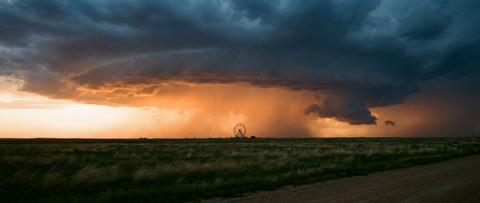 A cold front pushes into the Southern Plains at dusk, backlighting a distant thunderstorm tower over open grassland with a lone fairground Ferris wheel silhouette on the horizon, warm amber sky fading into deep blue-gray storm shading, wide establishing shot