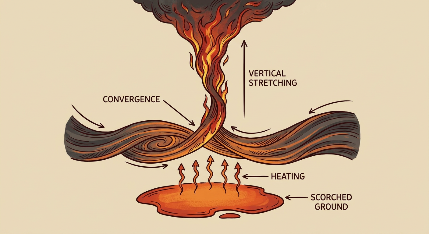 A wildfire-driven fire whirl diagram showing hot rising air over scorched ground twisting into a narrow rotating column of flame and smoke, labeled with intense heating, converging air, and vertical stretching, educational cross-section illustration, warm orange and dark ash color palette, no geographic map elements