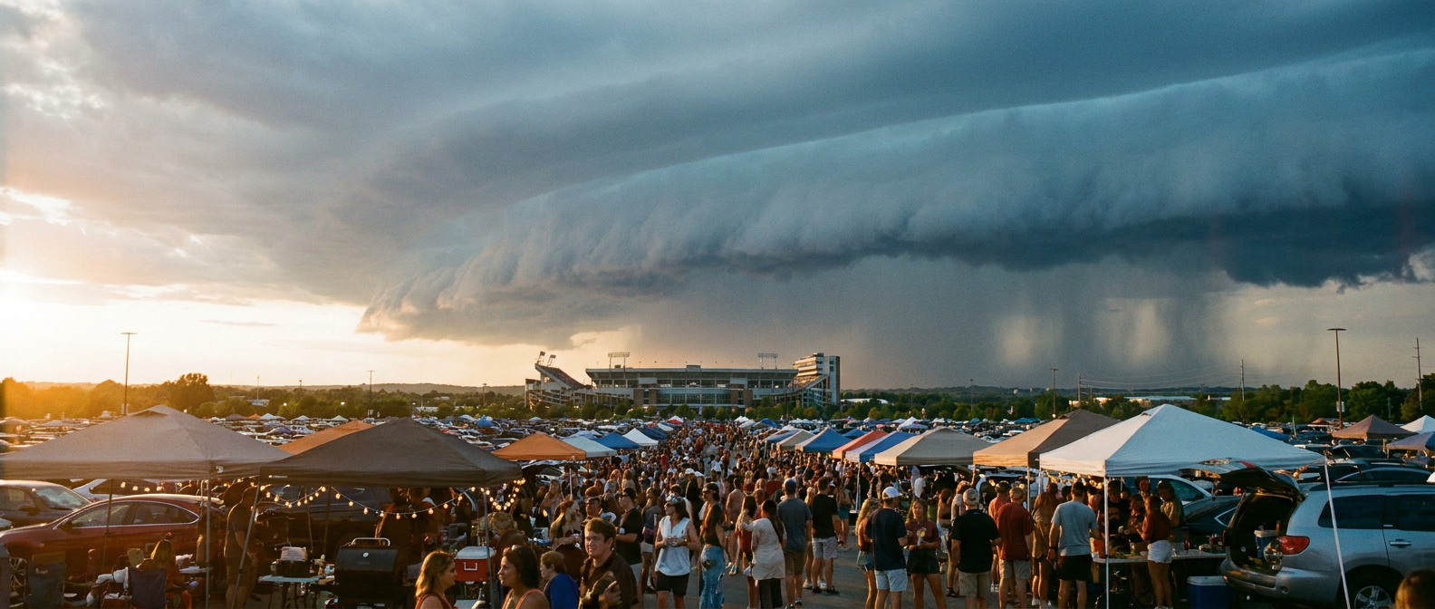 A tailgate scene in a stadium parking lot with tents and grills under a darkening shelf cloud, late Sunday afternoon golden light fading behind advancing gray-blue clouds, wide establishing shot, warm foreground light contrasted with cool storm-gray sky
