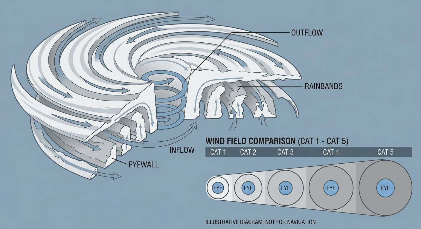 Cutaway diagram of a major hurricane showing the eyewall, rainbands, and a labeled cross-section comparing Category 1 through Category 5 wind field sizes, clean educational infographic style with muted blue and gray tones