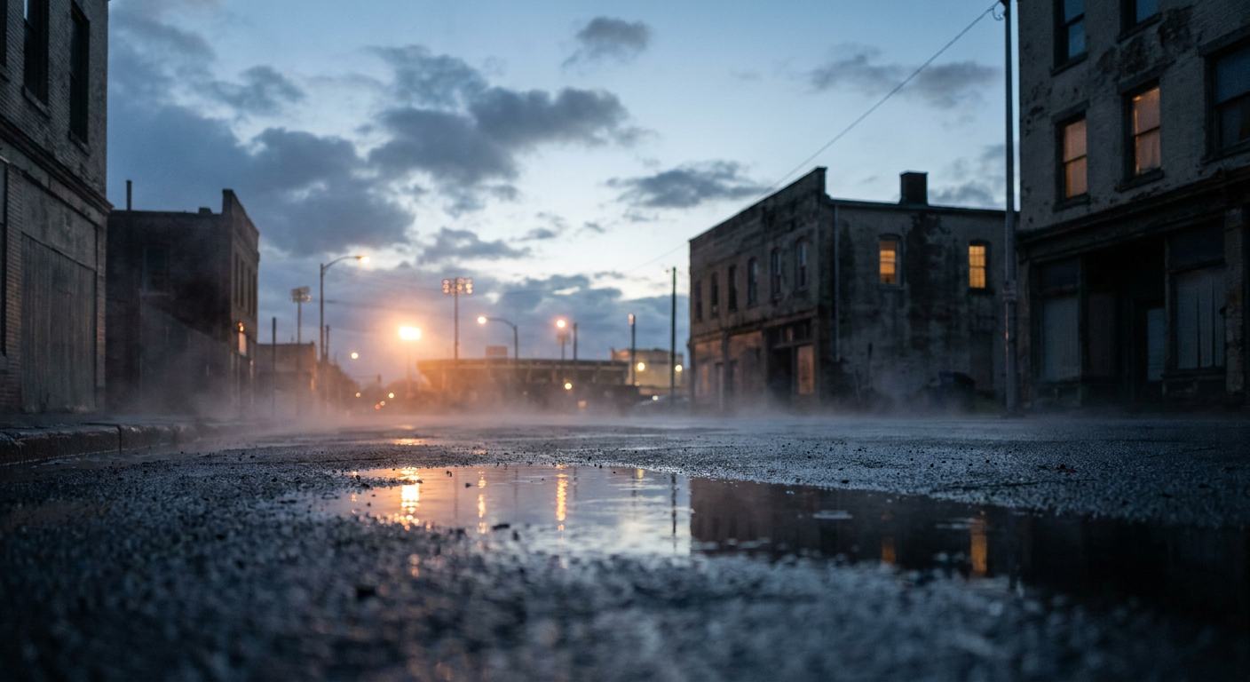 Steam rising off a rain-soaked city street at dusk, wet asphalt reflecting warm stadium light glow in the distance, cool blue-gray sky above with a hint of clearing, low-angle street-level perspective, no logos or readable text