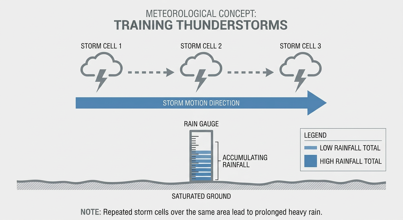 Flow chart diagram explaining how training thunderstorms cause flash flooding, showing repeated storm cells moving over the same ground track with rainfall accumulating