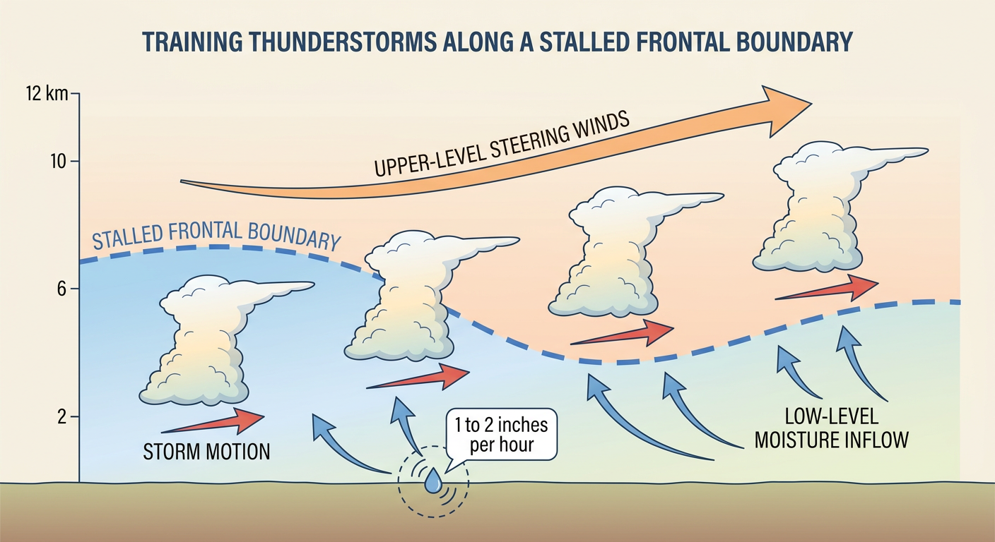 Cross-section diagram showing how thunderstorms train over the same location along a stalled front, with labeled arrows for moisture inflow, storm motion parallel to the boundary, and repeated cells crossing one point on the ground, annotated with rainfall rate of 1 to 2 inches per hour