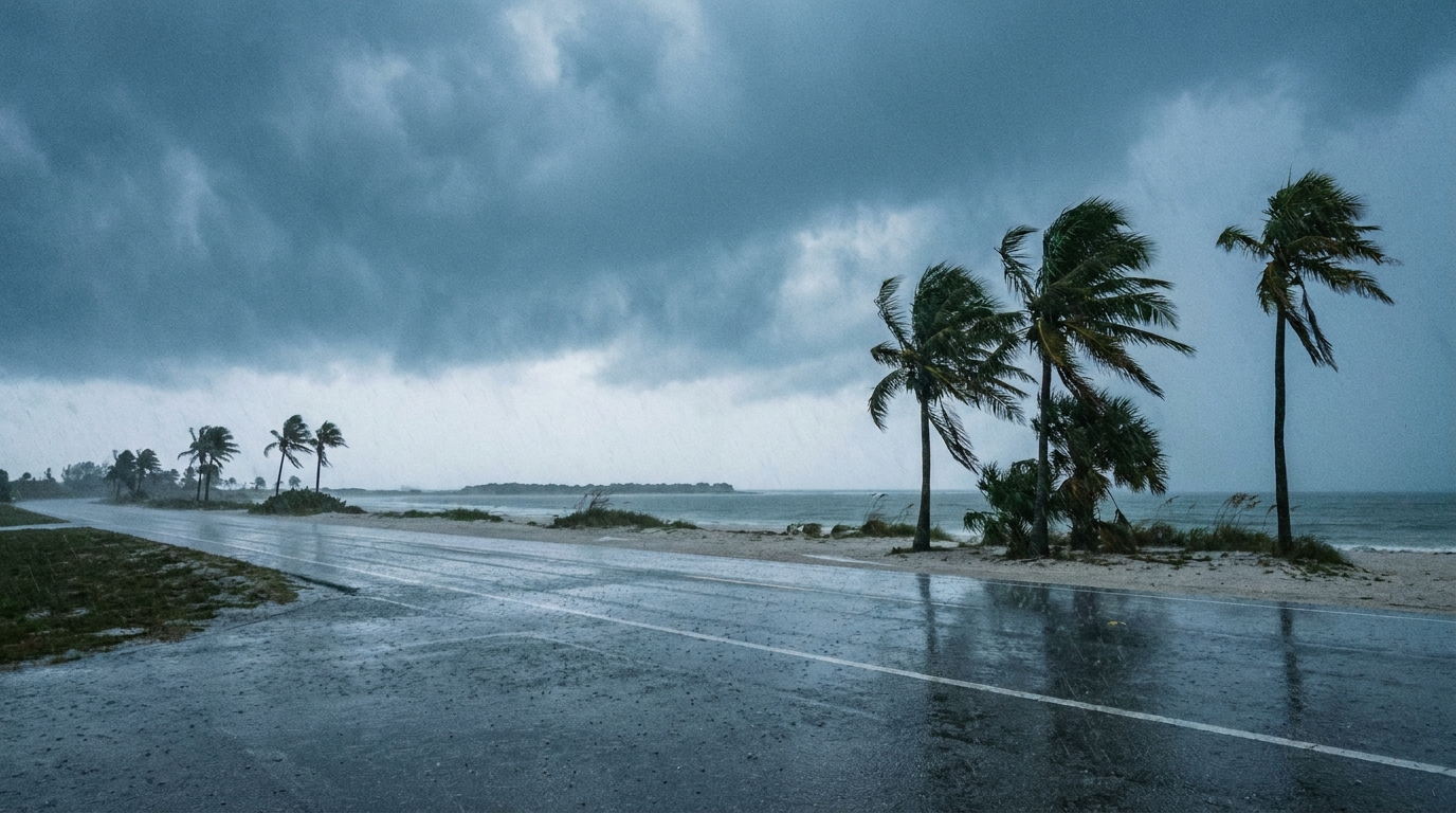 Heavy rain falling on a Florida highway
