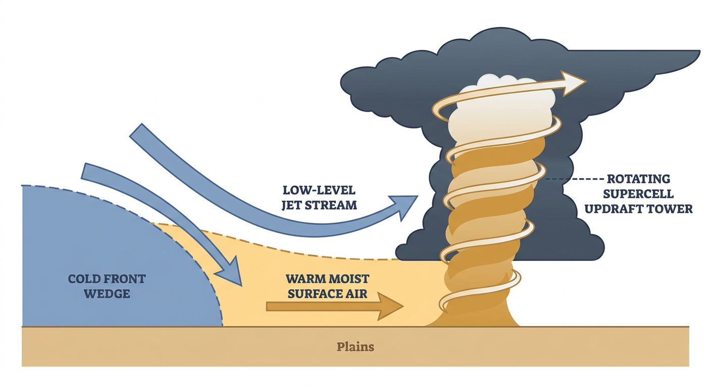 Cutaway diagram showing warm humid surface air colliding with an advancing cold front, a low-level jet streaming moisture northward, and a supercell updraft forming along the boundary, labeled with arrows for wind shear and instability