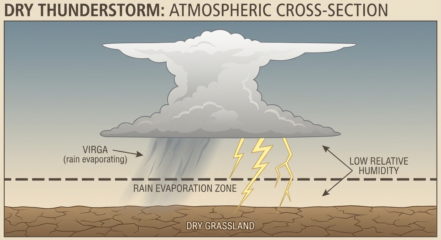 An atmospheric cross-section diagram showing a high dry cloud base with lightning bolts reaching the ground but rain evaporating before it lands, over dry grassland terrain, labeled to show the dry thunderstorm ignition process