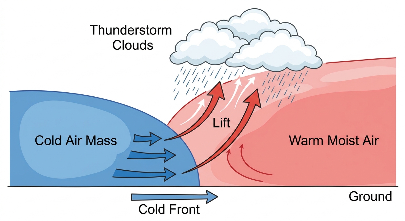Diagram showing a cold front wedging under warm air