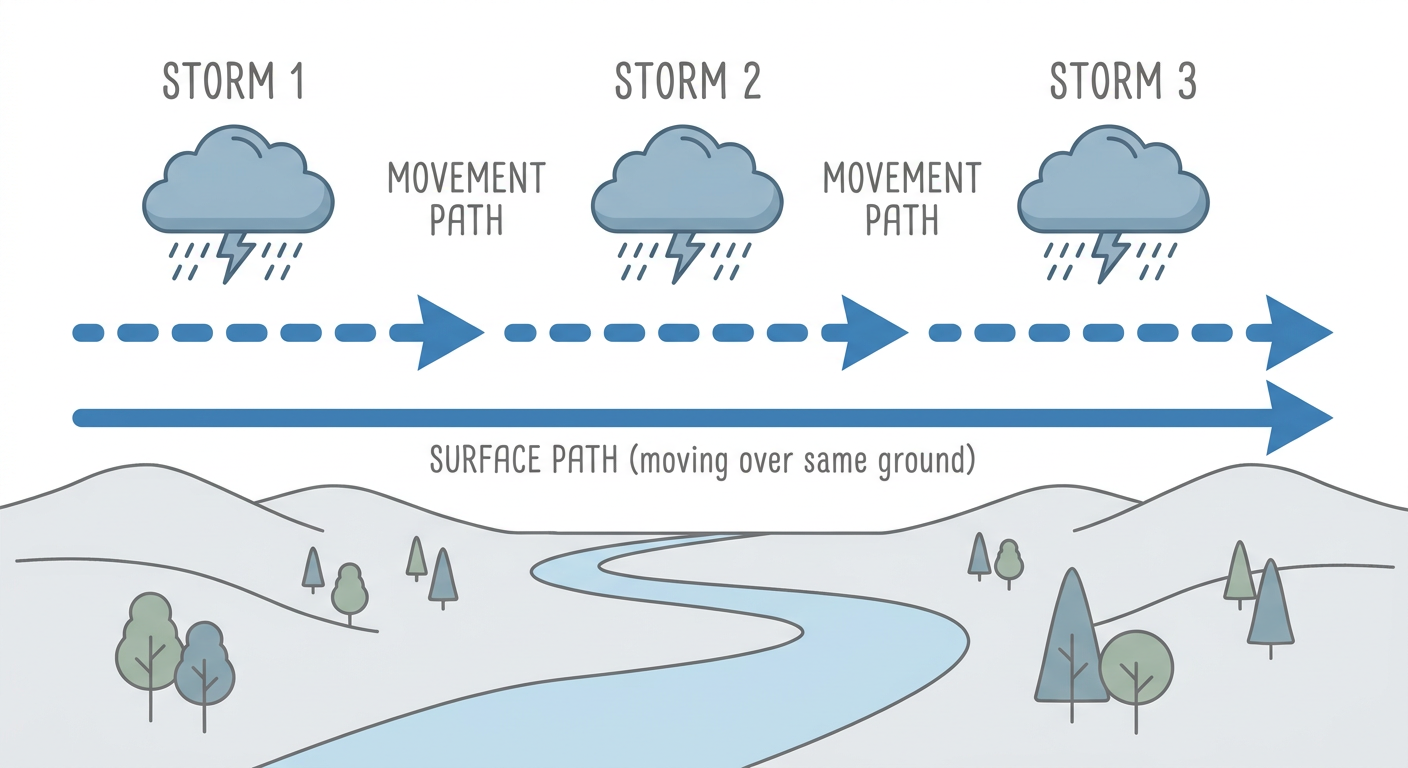Simple annotated diagram of a training thunderstorm pattern, showing three storm cells lined up and moving along the same track over a river valley, labeled arrows indicating storm motion following the same path, clean educational illustration style, no map, no geography labels, muted blue and gray color palette