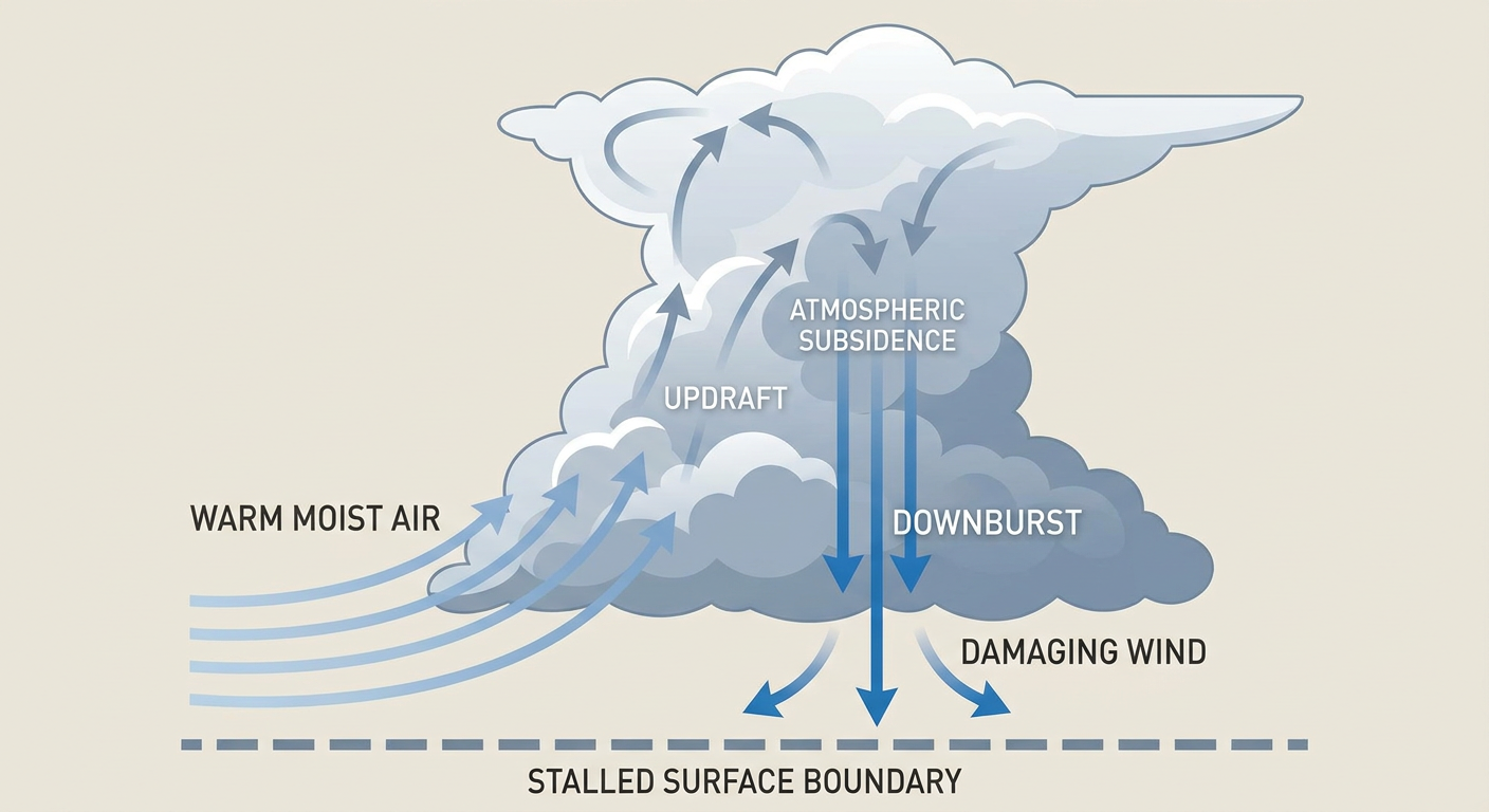A cross-section diagram showing warm humid air rising over a stalled weather boundary, with labeled arrows for warm moist inflow, the frontal boundary at the surface, and a developing thunderstorm cloud producing a downburst of wind toward the ground