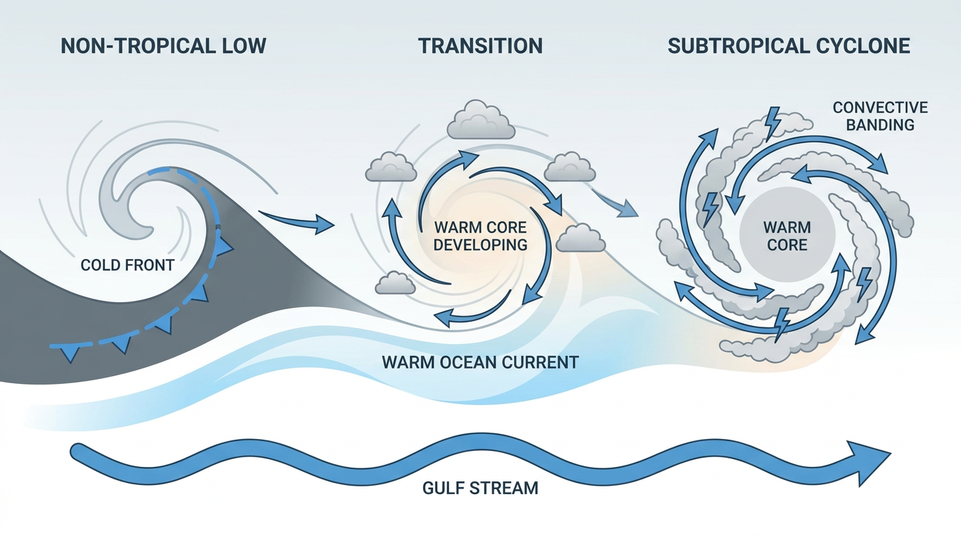 A schematic cross-section showing how a non-tropical low over warm Gulf Stream water develops a warm core and thunderstorm bands to transition into a subtropical cyclone, labeled with cold front, warm ocean current, and convective banding, wide educational diagram, muted blue and gray palette