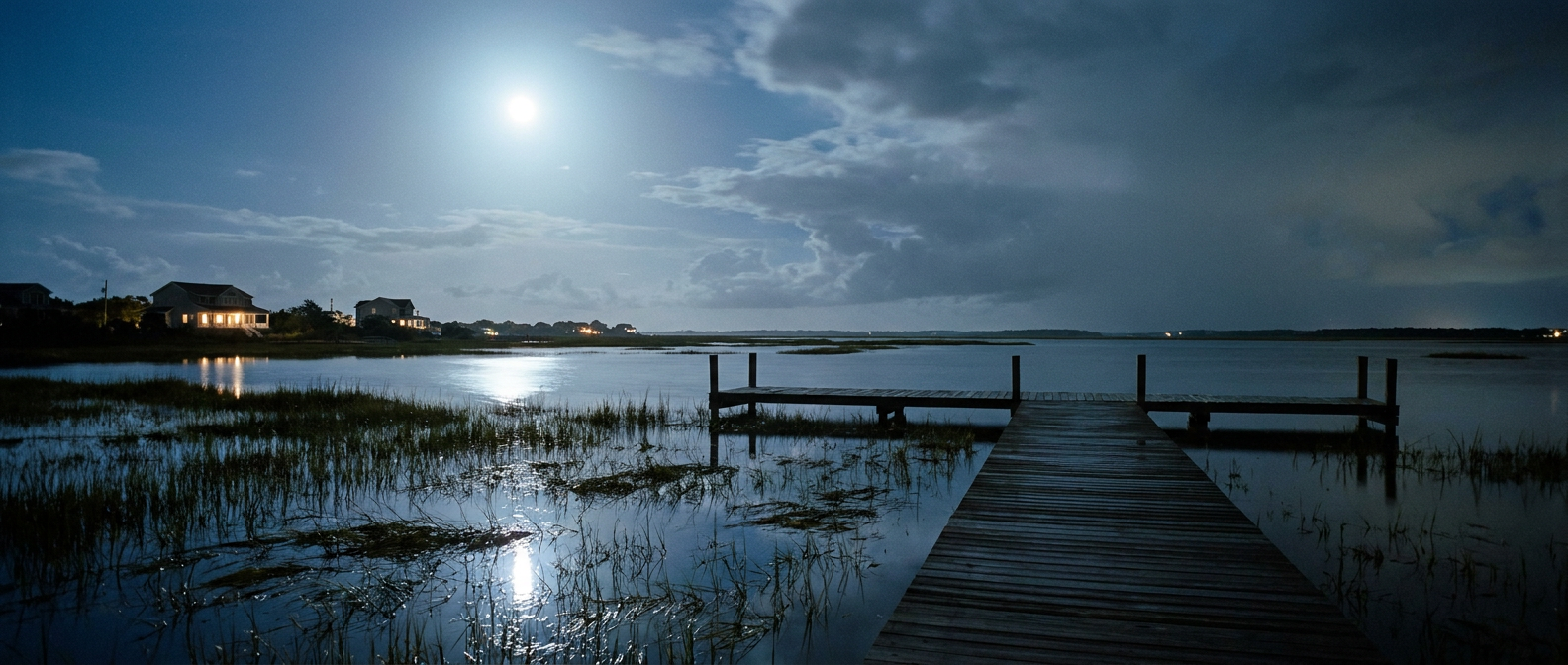 A full moon rising over a flooded coastal salt marsh at high tide, water lapping over a wooden dock and marsh grass, moody blue-silver moonlight, calm but eerie stillness, wide low-angle shot