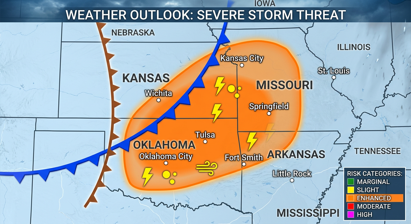 Map showing the Friday severe weather setup across the Central US