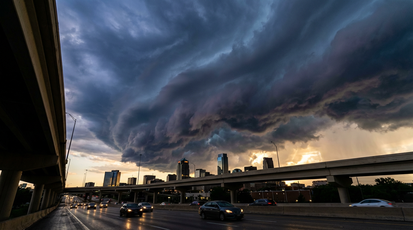 Dark storm clouds gathering over a city skyline