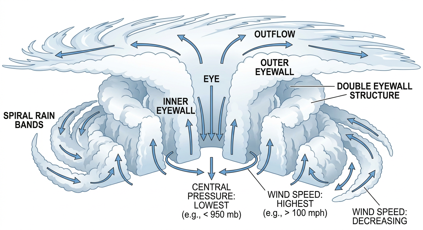 A cutaway diagram of a mature hurricane showing the eye, eyewall, and spiral rain bands, labeled with wind speed and pressure zones, clean educational infographic style