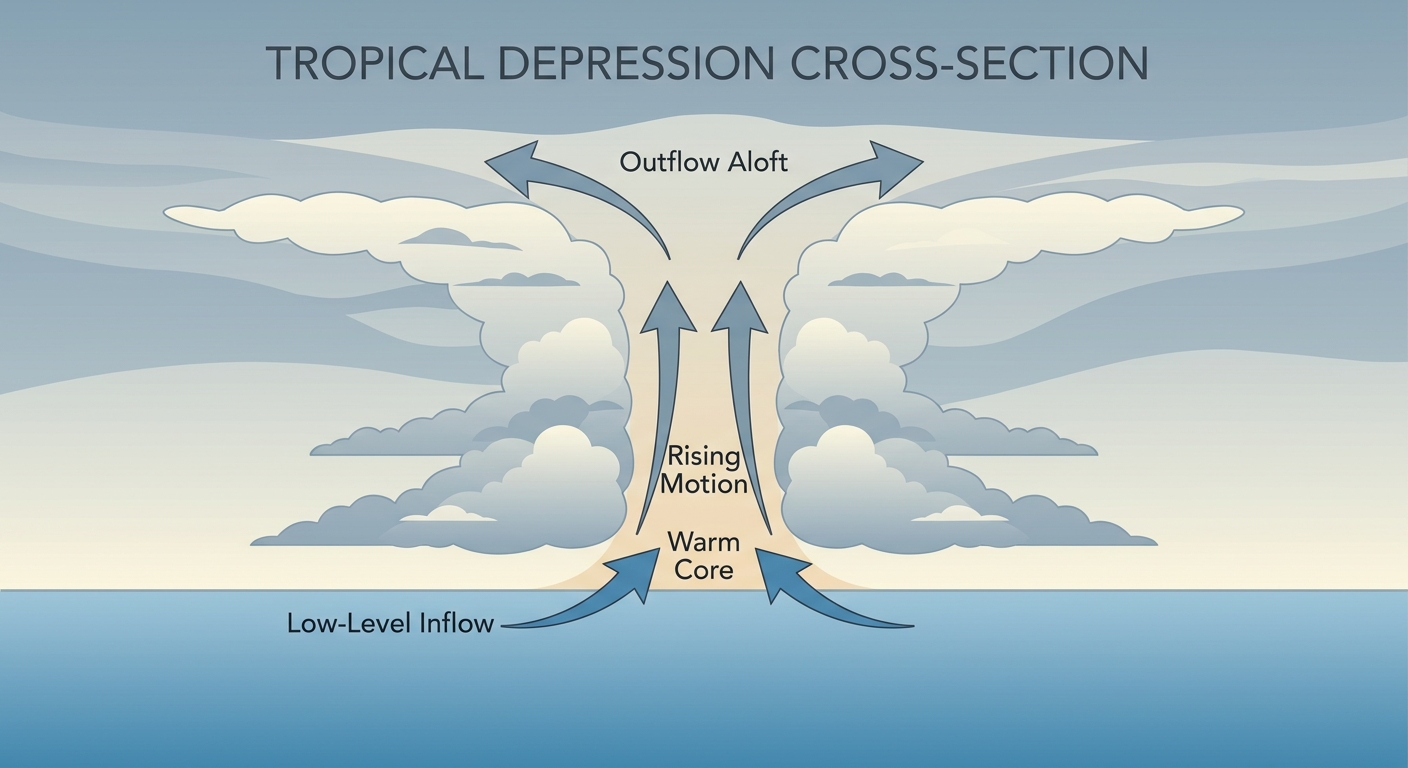 Cross-section diagram showing a developing tropical cyclone with a warm core, spiraling low-level inflow, and outflow aloft, labeled with simple arrows and no geography