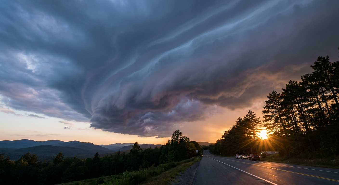Shelf cloud advancing over a two-lane highway through the Adirondack foothills, early evening golden-hour light behind the cloud, cool blue-gray storm shadow contrasting with warm amber light on the roadside pines, wide low-angle establishing shot