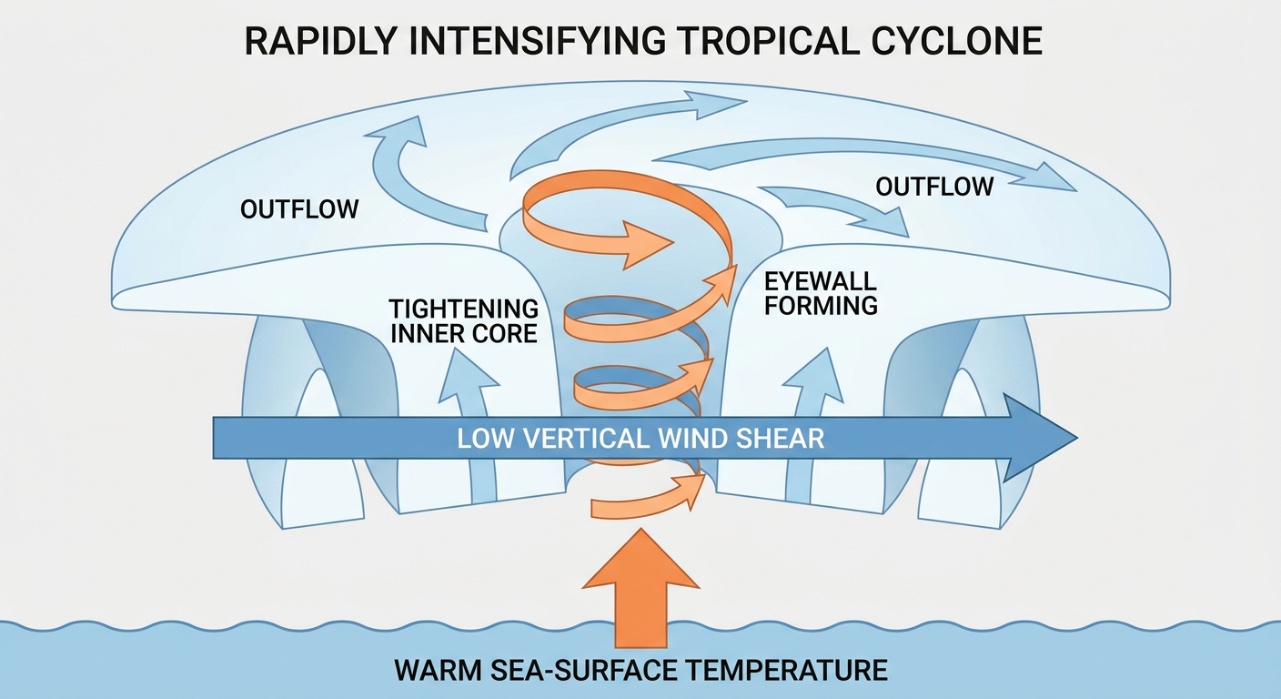 Ingredients for rapid intensification: warm ocean water, low wind shear, and a tightening inner core shown as a labeled cutaway diagram of a strengthening tropical cyclone