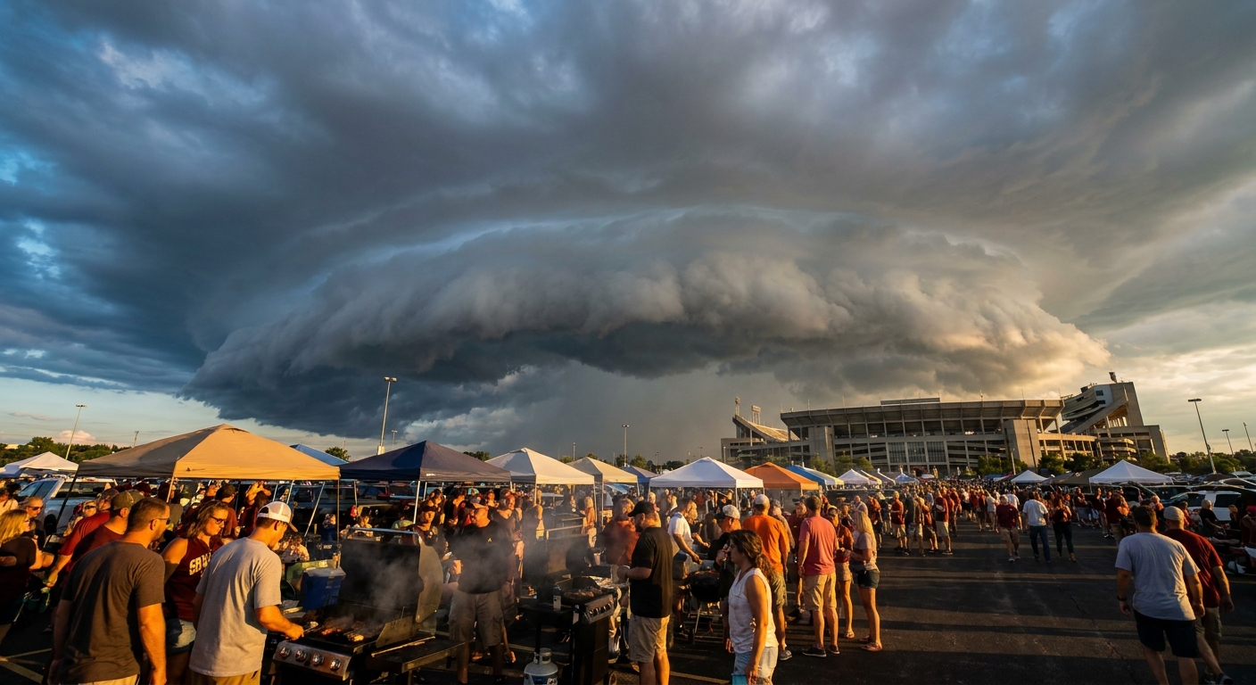 A shelf cloud rolls in over a stadium parking lot full of tailgate tents at golden hour, warm amber sky fading to storm gray on the horizon, wide low-angle shot, string lights and grills in the foreground