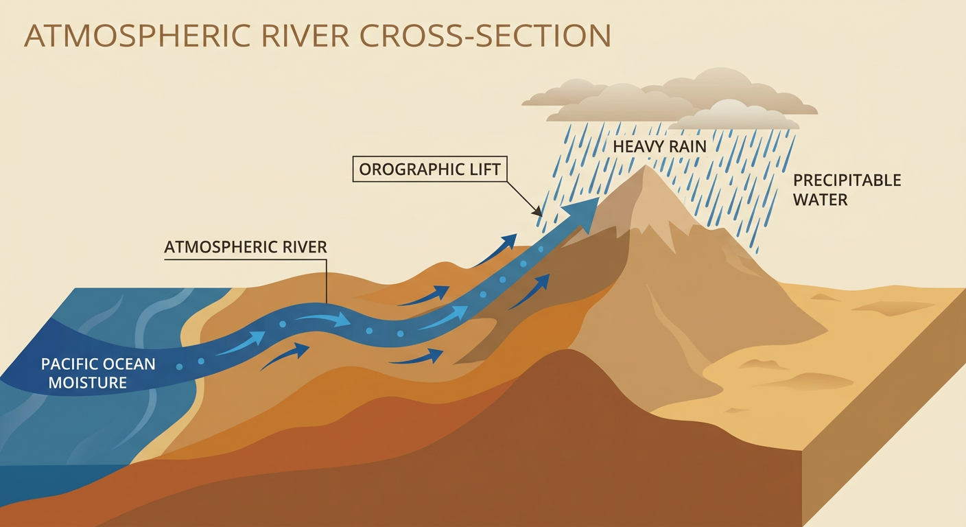 A cross-section diagram showing an atmospheric river: a narrow ribbon of deep tropical moisture flowing from the Pacific Ocean toward mountainous desert terrain, with arrows showing moisture lifting over a mountain range and heavy rain falling on the windward slope, labeled with 'precipitable water' and 'orographic lift', warm earth-tone color palette, clean educational diagram style