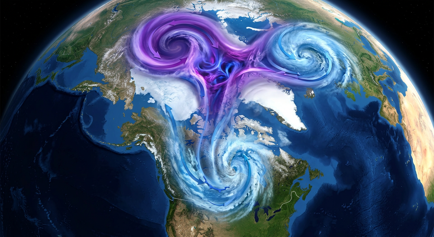 A simple, educational atmospheric diagram showing the Polar Vortex splitting into two lobes. The diagram shows the Earth from a top-down polar view. The main purple swirling vortex over the North Pole is breaking apart, sending a large, icy blue blob of cold air plunging down across North America. No text, no logos, 3D atmospheric rendering style.