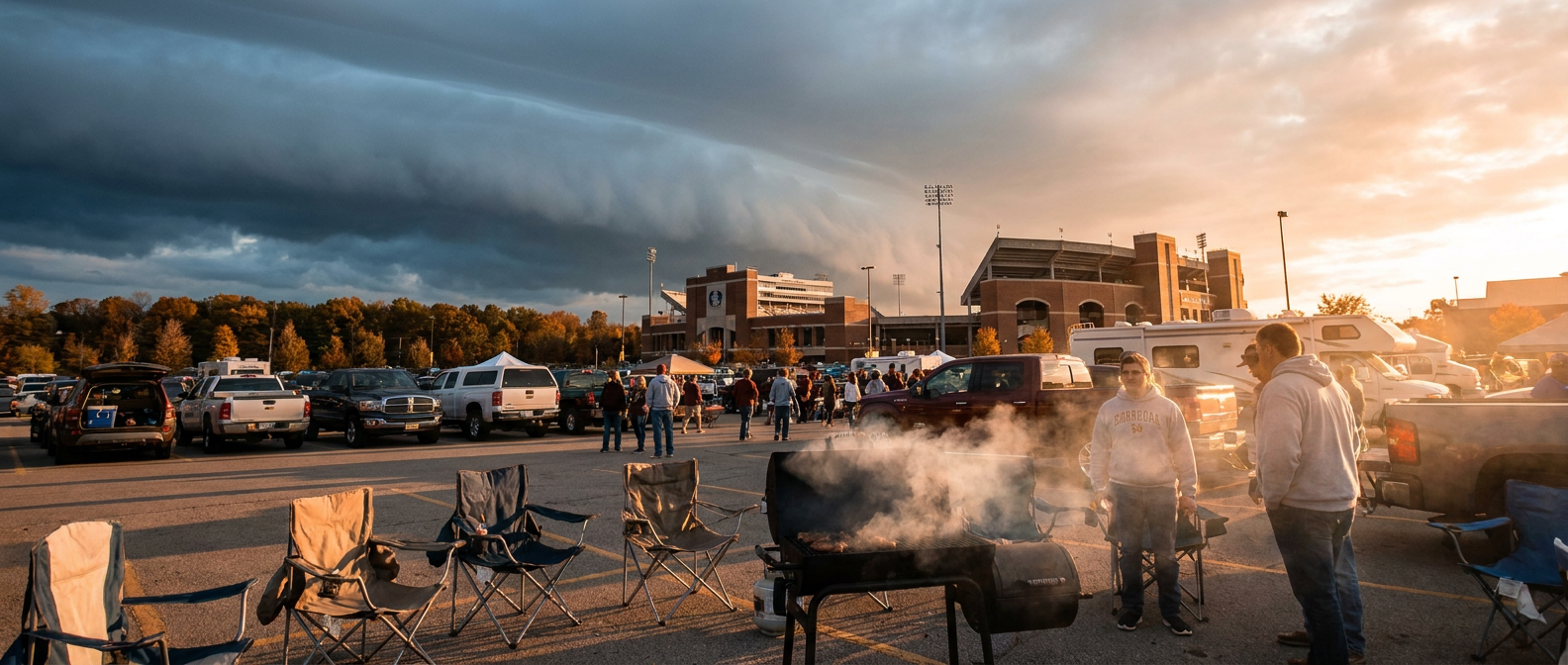 A stadium parking lot tailgate under a darkening shelf cloud
