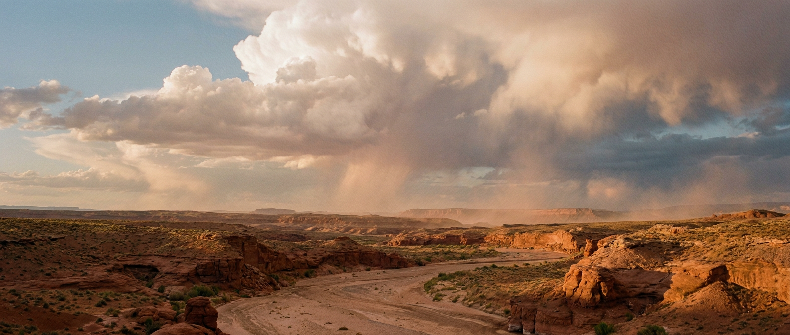 Storm clouds building over a red rock mesa with a dry desert arroyo in the foreground, late afternoon monsoon light, warm amber and dusty rose color palette, wide establishing shot looking across the canyon toward darkening skies