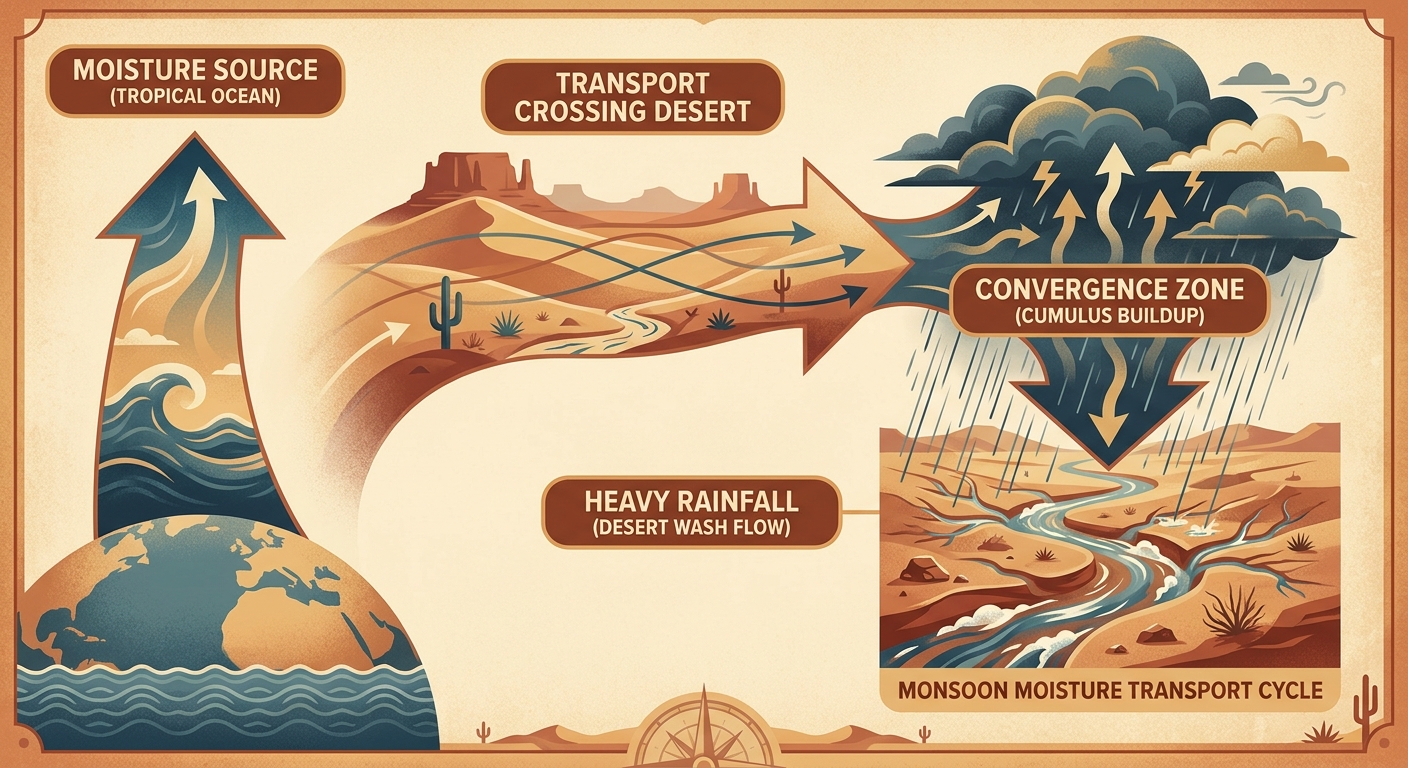 A flow-chart style diagram showing tropical moisture transport from the south feeding into a monsoon thunderstorm complex over desert terrain, with labeled stages: moisture source, transport, convergence, heavy rainfall, clean infographic style