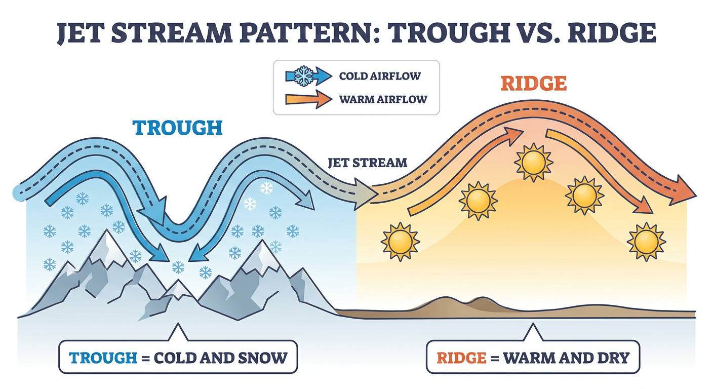 Simple cross-section diagram showing a jet stream dipping into a deep trough over the western United States with snow symbols over mountain terrain, and the same jet stream arcing into a ridge over the eastern United States with sun symbols and warm color shading, labeled clearly with 'TROUGH = COLD AND SNOW' on the left and 'RIDGE = WARM AND DRY' on the right, clean educational infographic style, no geographic map outlines, white background