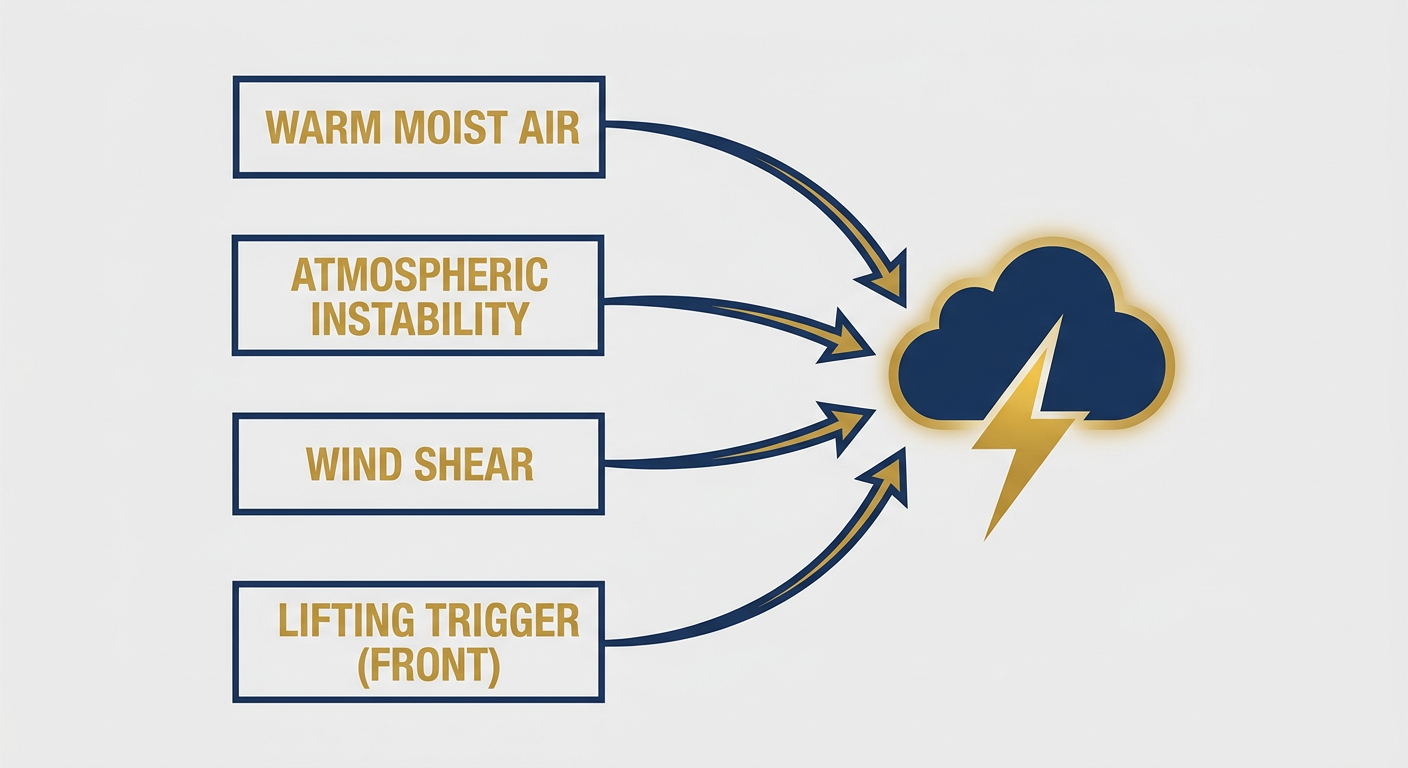 Ingredient flow chart diagram showing four labeled boxes for warm moist air, instability, wind shear, and a lifting mechanism combining into a severe thunderstorm icon
