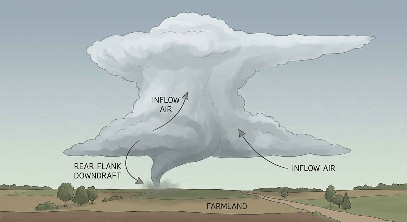 A supercell thunderstorm's rotating wall cloud lowering toward flat farmland at midday, labeled with simple arrows showing inflow and the rear flank downdraft, rendered as a clean educational diagram with no text overlays beyond basic labels