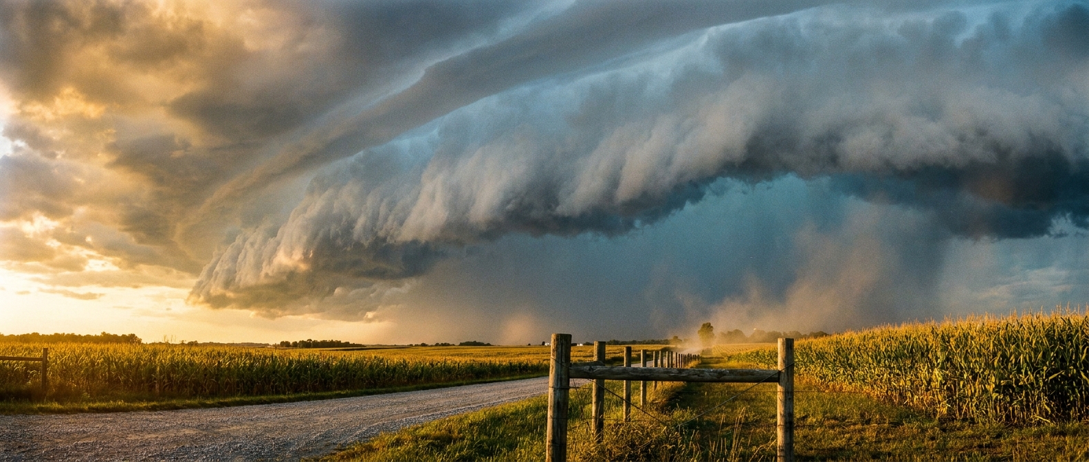 A shelf cloud rolls over rolling Ohio Valley farmland at dusk, warm amber sky ahead of the storm fading into cool blue-gray beneath the advancing cloud shelf, wide low-angle shot from a gravel farm road with a wooden fence line in the foreground