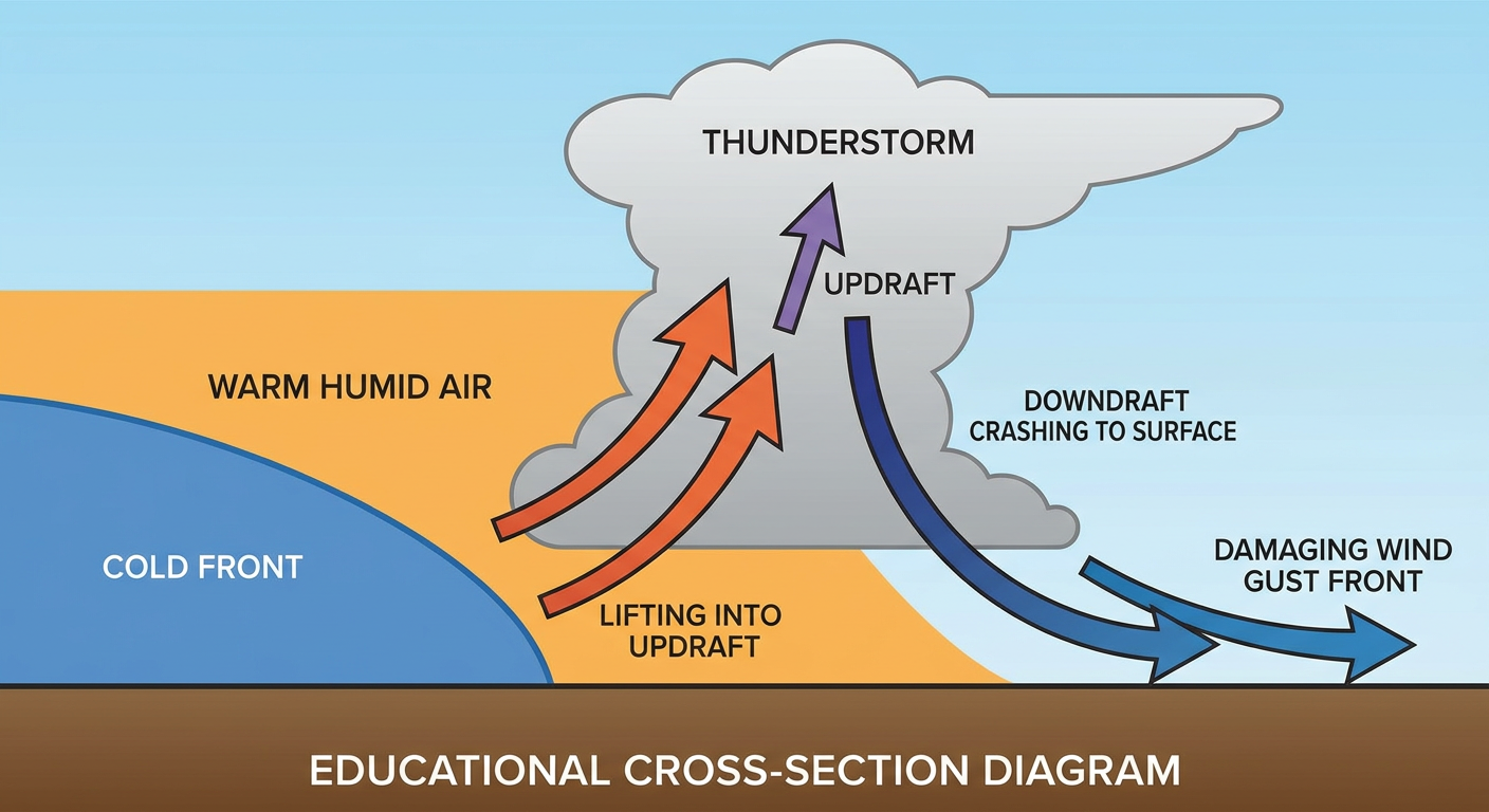 A labeled cross-section diagram showing how a surface cold front lifts warm moist air, with arrows illustrating rear-flank downdraft winds spreading out at the ground to produce a damaging wind gust, set against a clean light-blue background with simple meteorological icons