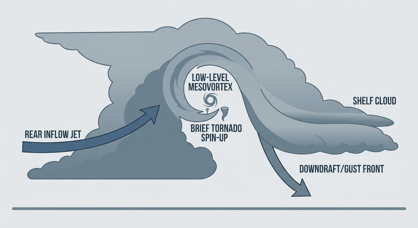 A labeled cross-section illustration showing airflow inside a bowing line of thunderstorms, with arrows indicating the rear inflow jet, a leading shelf cloud, and a small embedded rotating vortex near the leading edge, muted blue and gray tones, clean educational diagram style, no text overlays beyond simple labels