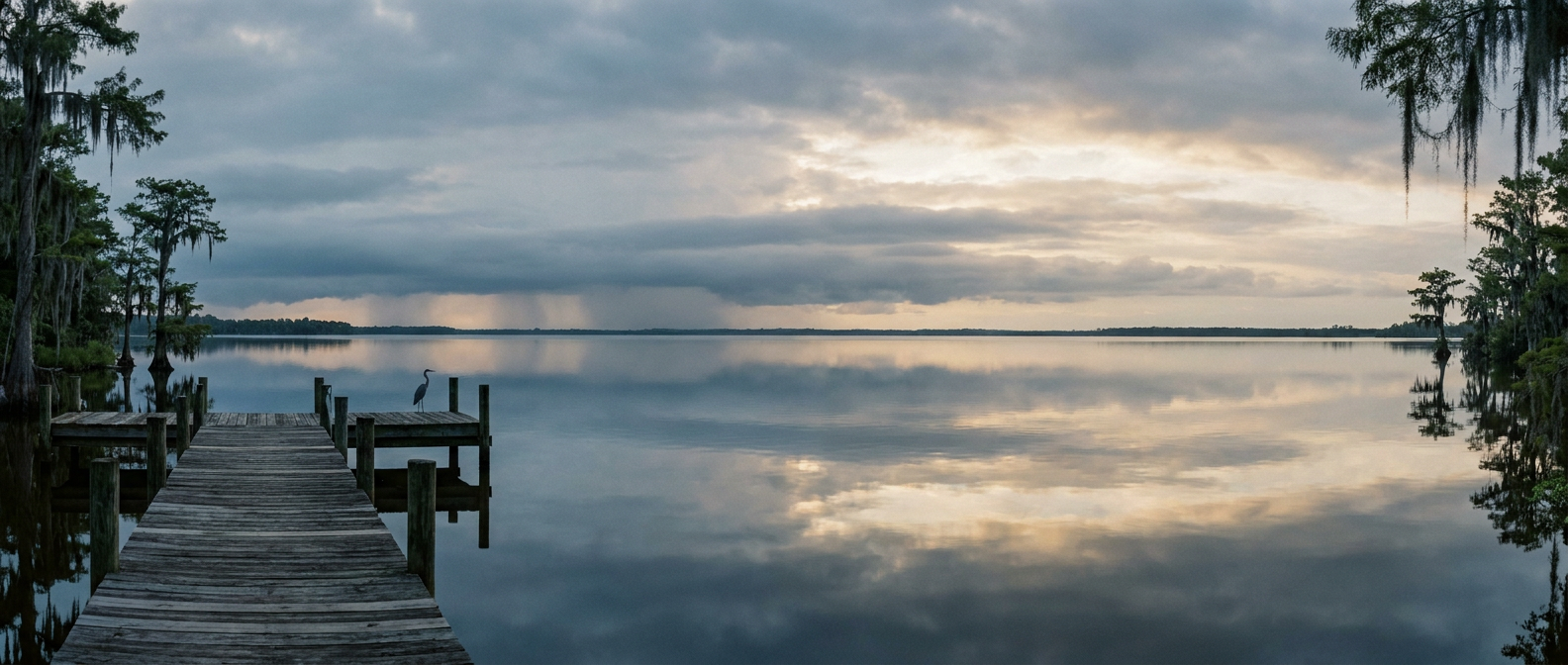 A quiet coastal bayou at dawn with still, mirror-like water reflecting layered gray and pale gold clouds, a weathered wooden dock jutting into the foreground, distant thin rain bands visible on the horizon, muted cool color palette with soft warm light breaking through low clouds, wide establishing shot