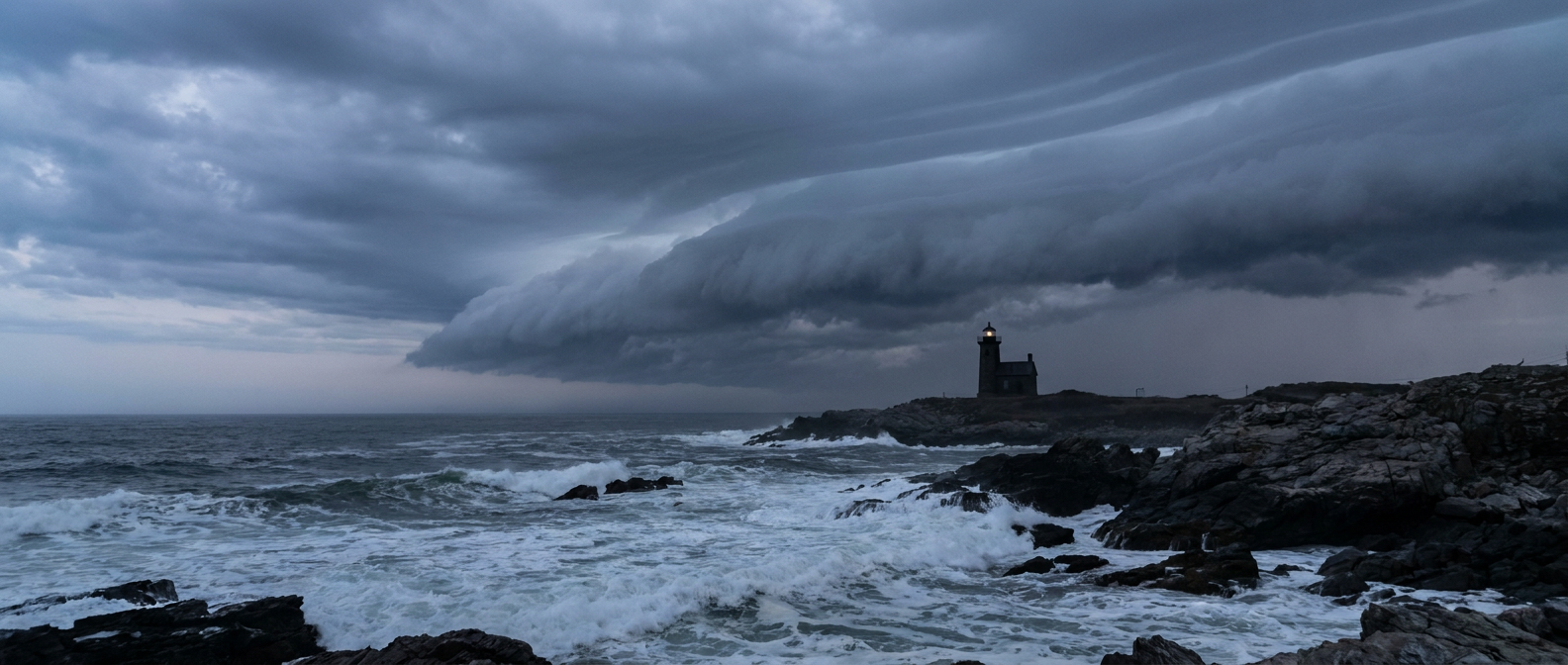 A gray shelf of storm clouds rolling over a New England coastline at dusk, with whitecapped Atlantic waves crashing below a lighthouse silhouette, cool blue-gray color palette, wide low-angle establishing shot