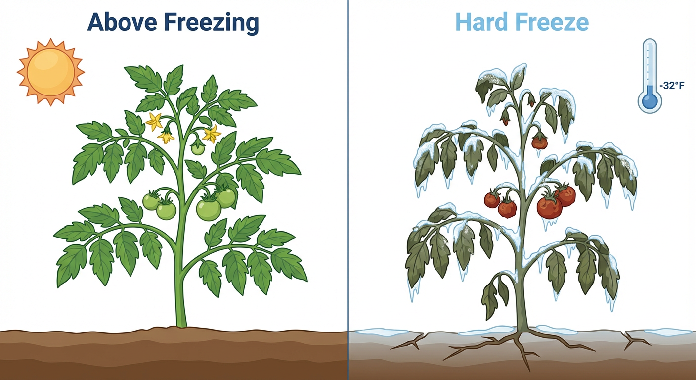 Side-by-side comparison of a healthy plant and a frost-covered plant