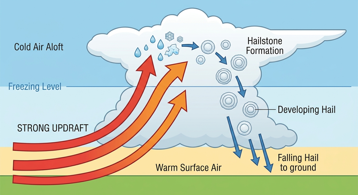 Atmospheric cross-section showing updrafts and hail formation