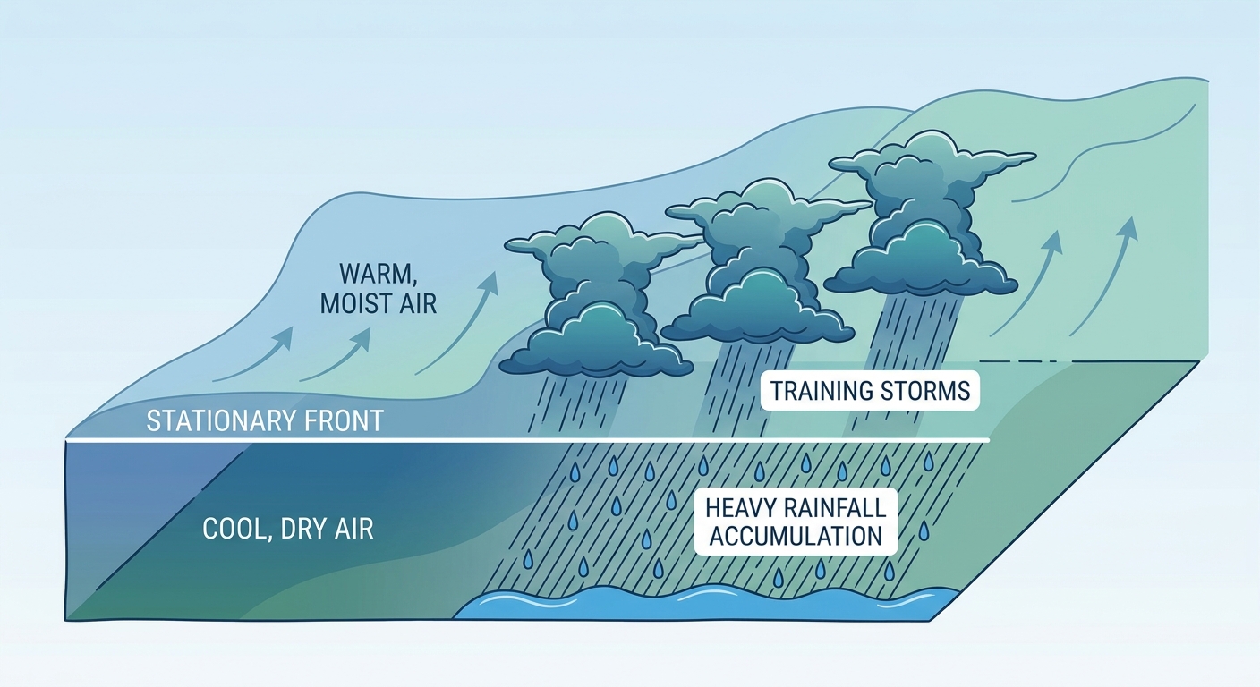 Atmospheric cross-section diagram showing warm moist air flowing north into a stalled frontal boundary, with repeated thunderstorm cells training over the same area, labeled to show why flash flooding occurs, clean educational illustration style, cool blue and green tones, no maps or geography