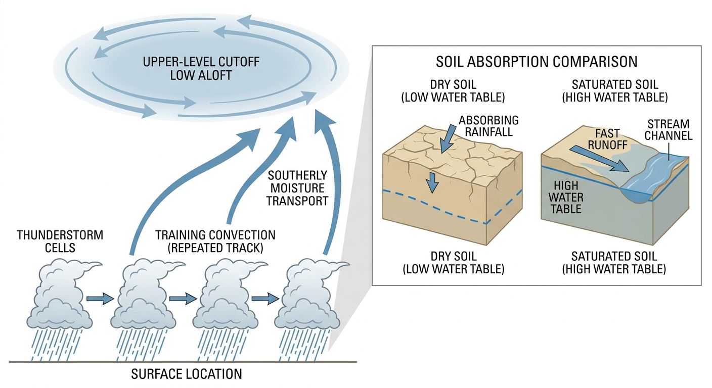 A cross-section diagram showing a cutoff upper-level low pulling moisture northward, with repeated thunderstorm cells training over the same ground and an inset panel comparing dry soil absorbing rain versus saturated soil producing rapid runoff