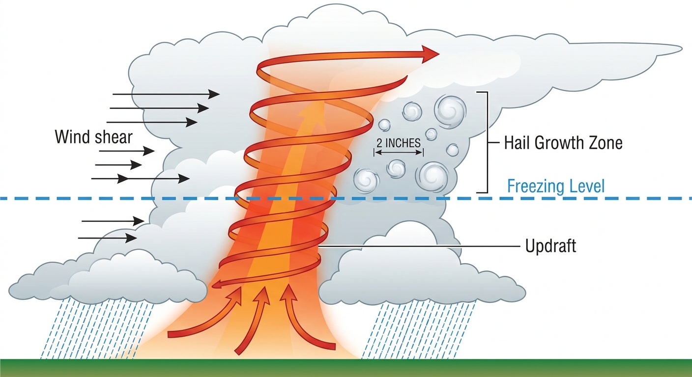 Diagram showing how wind shear and updrafts create large hail