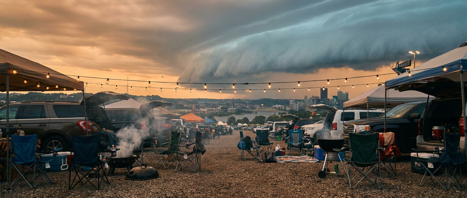 A stadium parking lot tailgate scene at golden hour with grills smoking and string lights glowing, a dark shelf cloud building on the horizon behind a distant river-valley skyline, cool blue-gray storm tones contrasting the warm string-light glow, low wide-angle perspective