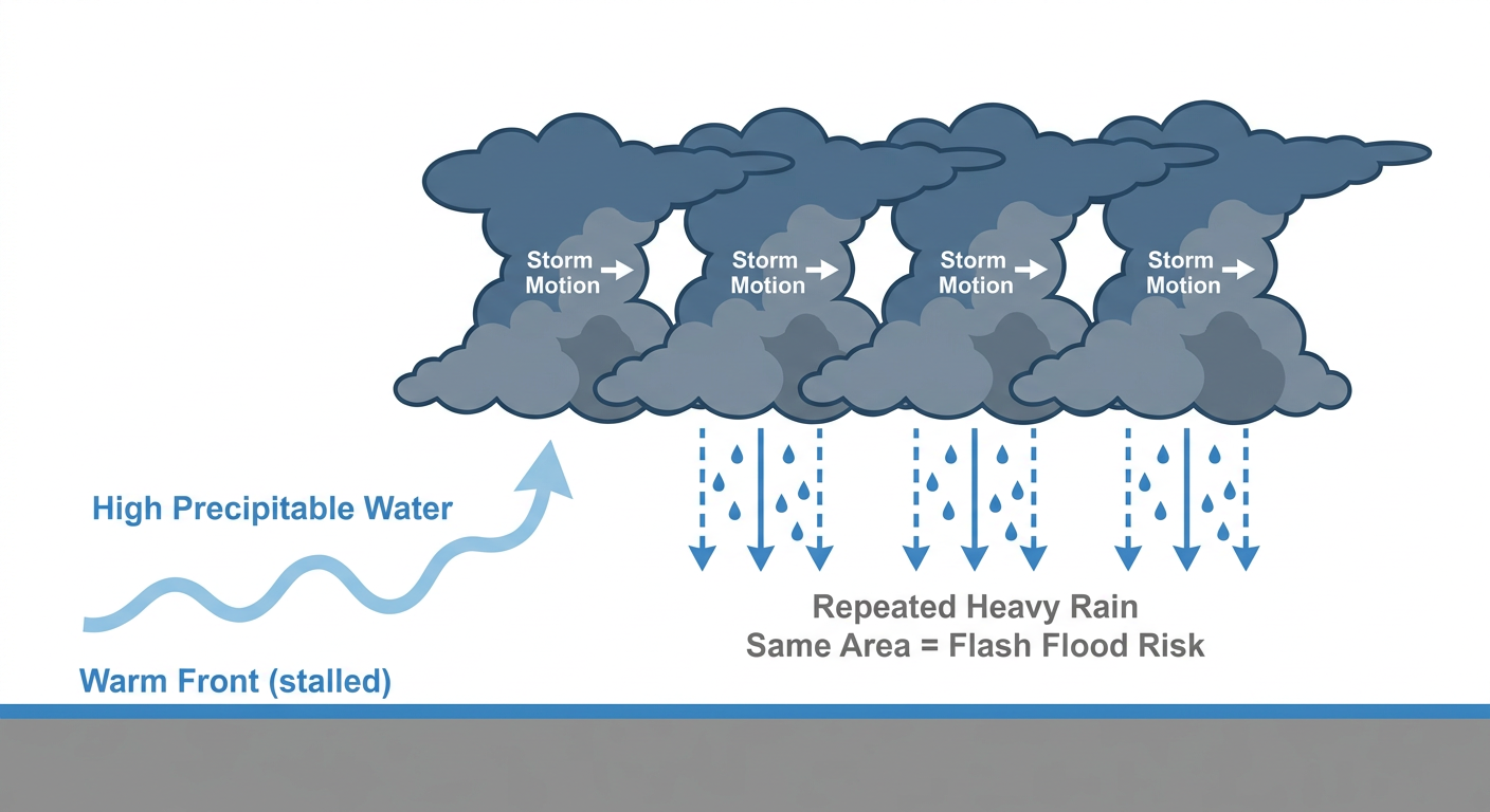 Cross-section diagram showing why training thunderstorms cause flash flooding: a stalled warm front lifts moist air while a line of individual storm cells repeatedly moves over the same ground track, each cell dumping rain on already-saturated soil below, labeled with terms like 'precipitable water,' 'storm motion,' and 'flash flood potential'