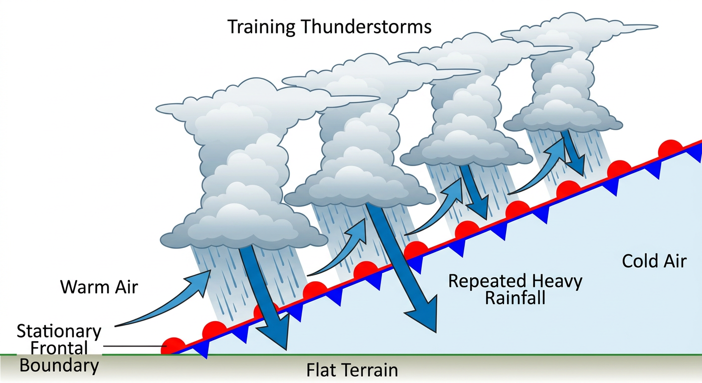 Atmospheric cross-section showing training thunderstorms