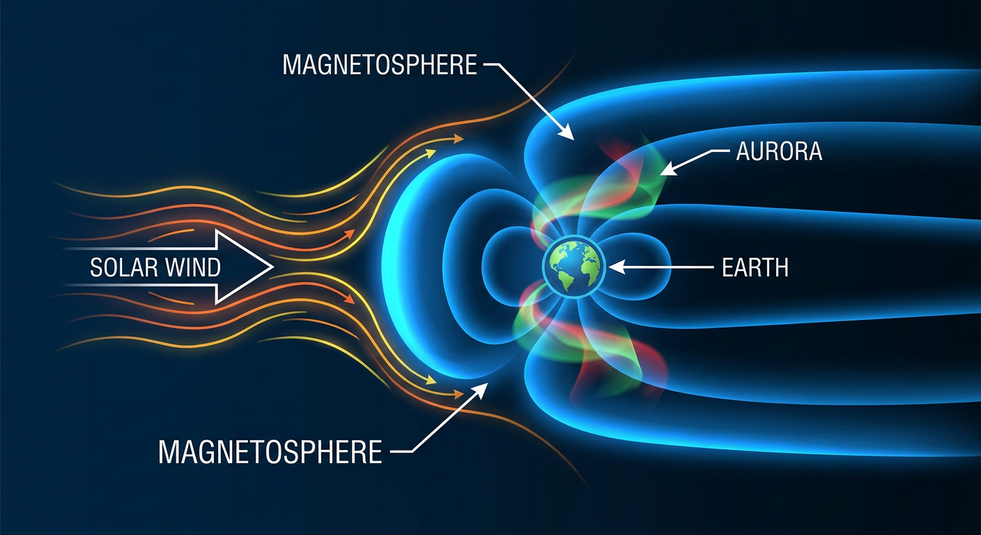 A simplified side-view diagram of Earth's magnetosphere being compressed by an incoming stream of solar wind particles, with glowing green and red aurora bands shown forming near the poles, labeled with basic terms like solar wind, magnetosphere, and aurora, in a clean dark-background educational science-illustration style