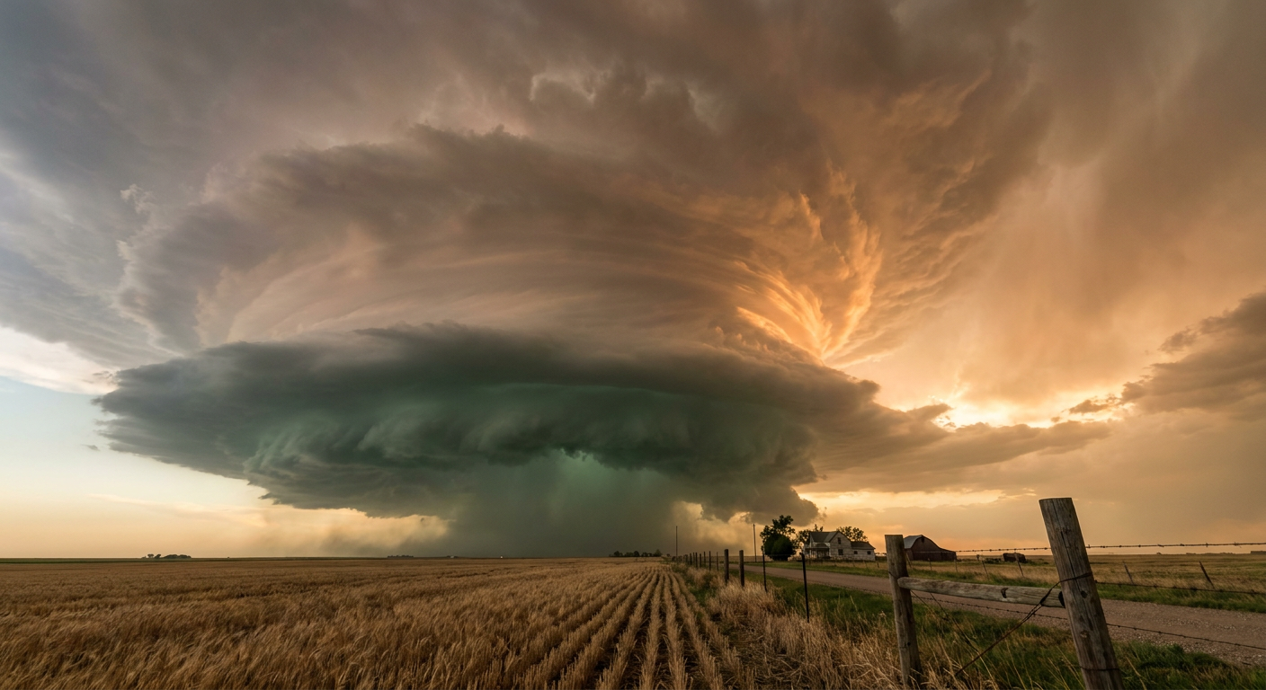 A supercell thunderstorm with a rotating updraft tower rises over a Midwest farm field at golden hour, greenish-gray storm base contrasted against warm amber light, wheat stubble and a wooden fence line in the foreground, wide low-angle shot emphasizing the storm's vertical structure