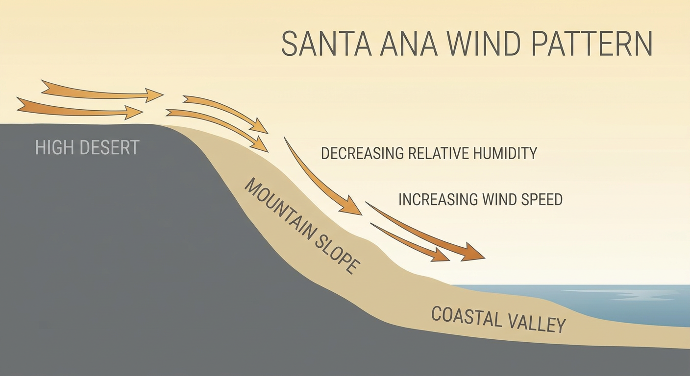 A dry offshore wind diagram showing air descending a mountain slope toward a coastal valley, labeled with decreasing humidity and increasing wind speed, clean technical illustration style, no map, muted amber and gray tones