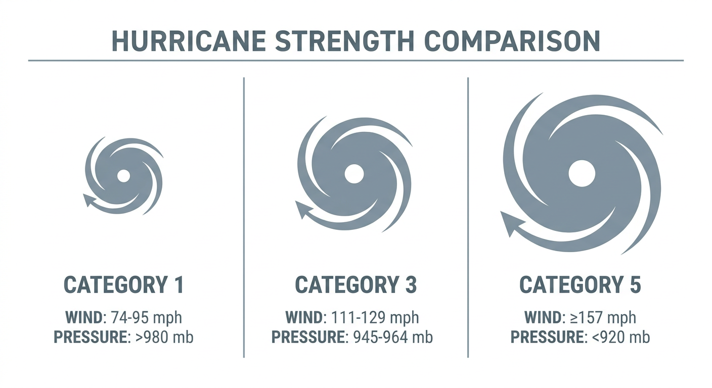 Simple side-by-side infographic comparing three hurricane category icons with wind speed ranges and central pressure values, labeled clearly, no map or geography shown.